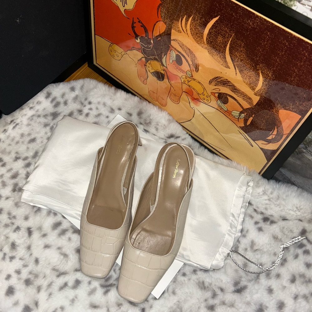 Elegant Cream Slingback Square Toe Kitten Heels